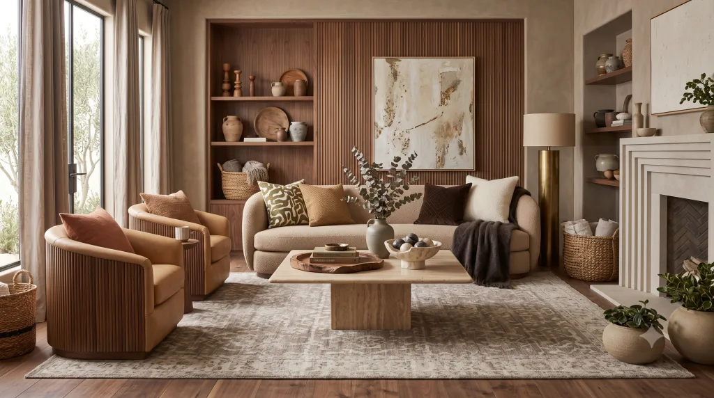 Organic Luxe living room with layered patterns, textured millwork, rich wood tones, sculptural furniture, and earthy textiles.