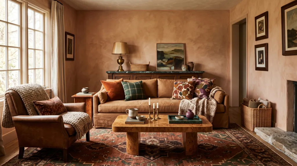 Warm living room mixing patterned textiles, layered textures, aged wood, limewash walls, and dramatic veined stone - Lani Does It