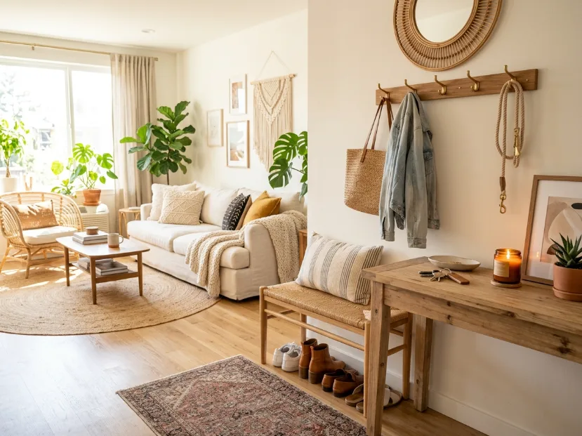 Boho apartment rental pet owner, neutral boho living room style and decor.