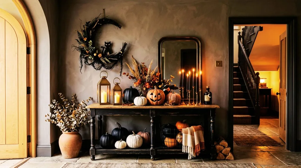 Cozy Halloween arched door entryway with pumpkin styled console table