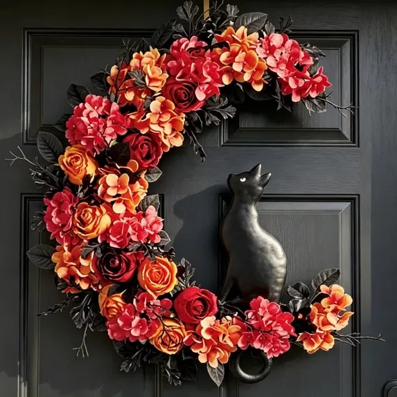 Wallmart Black Cat on Moon Floral Wreath - Stunning Halloween Grandin Road Dupes You Can Actually Afford