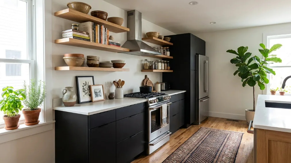 Small kitchen with open shelves, neutral tones, modern appliances, black cabinets with white counters