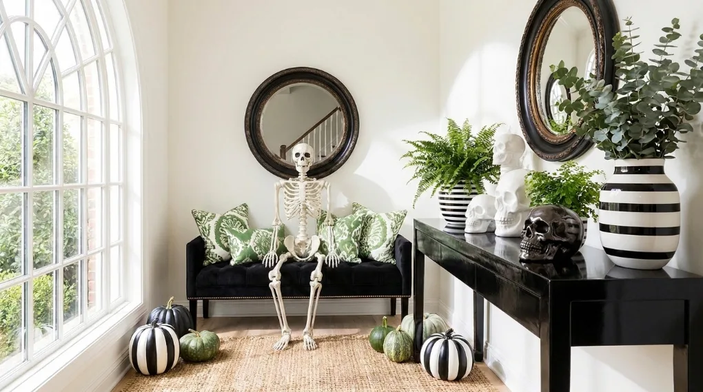Entryway modern Halloween skeleton decor styling