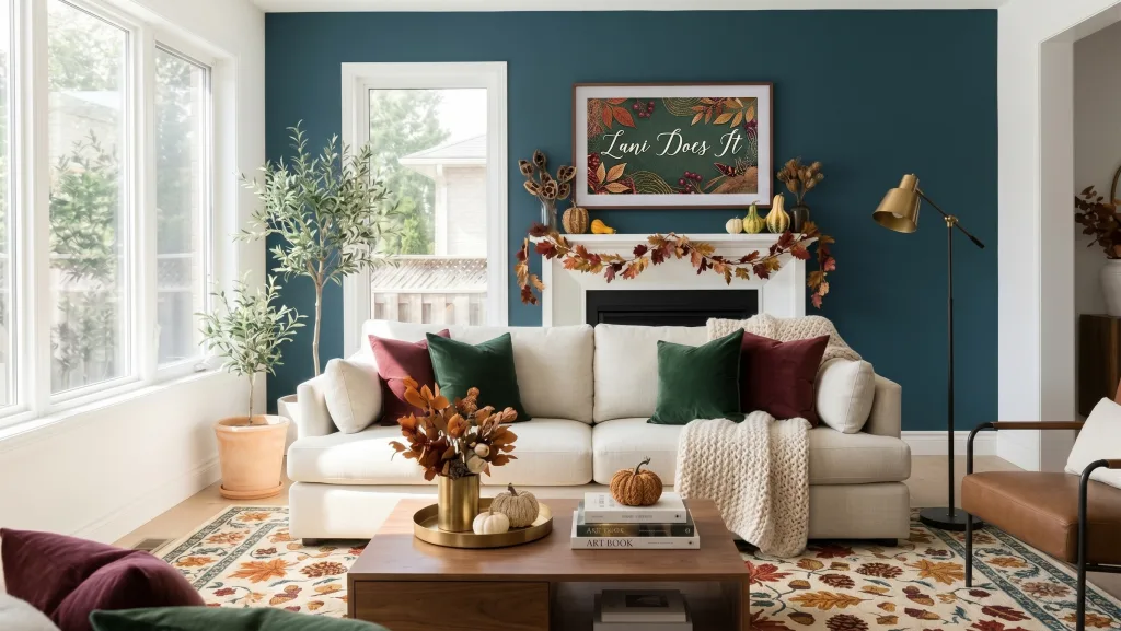 Fall-Autumn-styled-living-room-with-brown-ivory-burgandy-green-and-blue-and-a-blue-accent-wall.-Traditional-home-decor-scaled