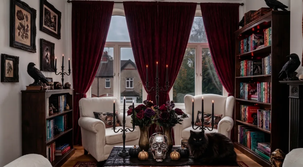 Halloween academia Goth Living room with dark red curtains and ravens - Lani Does It