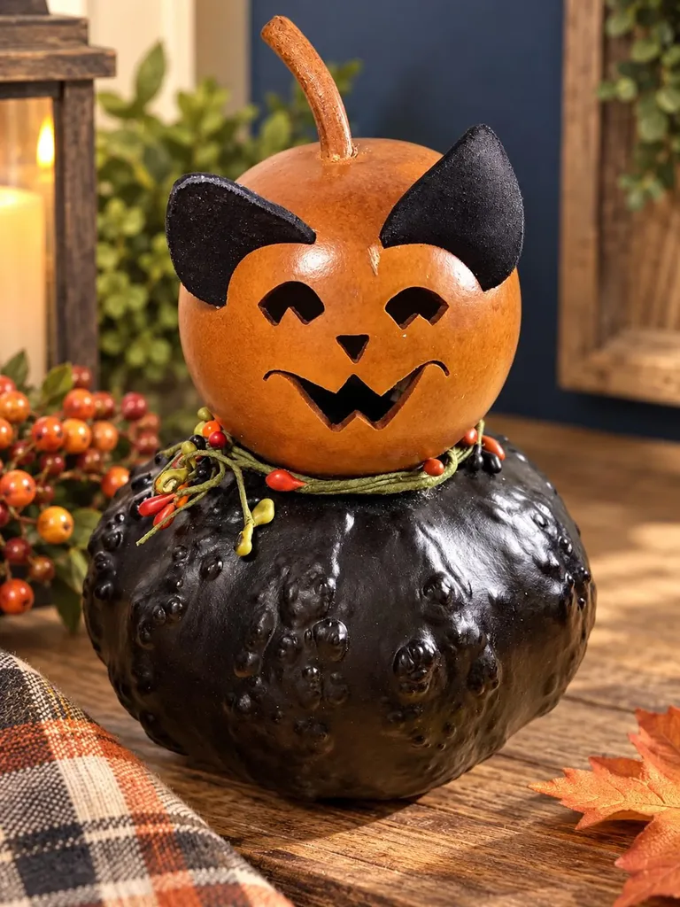 Vintage Style Halloween Black Cat Pumpkin Figurine