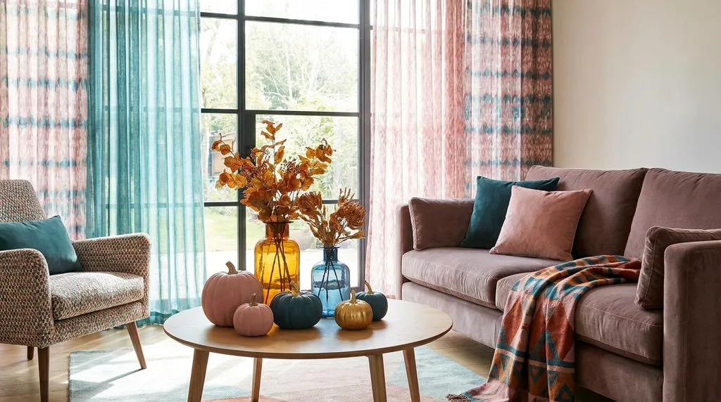 Non-traditional fall colors interior design modern, traditional living room space, natural lighting for fall season