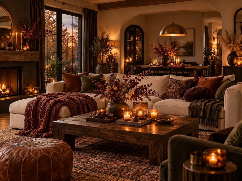 Cozy Autumn Living Room Glow Warm Lighting Open Space Living Room with Wood Accents - Lani Does It