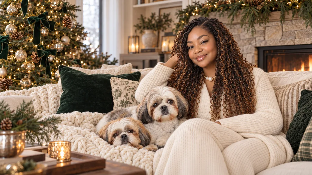 Lani Does It - Cozy Christmas with fireplace neutral tone living space with Puppies