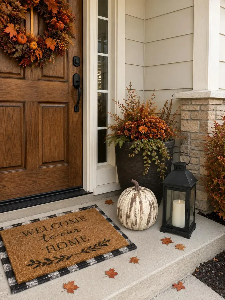 Easy Ways to Make Your Porch Feel Like Fall - Rustic Fall Entryway Decor: A wooden front door decorated with an autumn wreath, complemented by a planter of orange fall foliage, a cream-colored pumpkin, and a black lantern beside a neutral welcome mat.