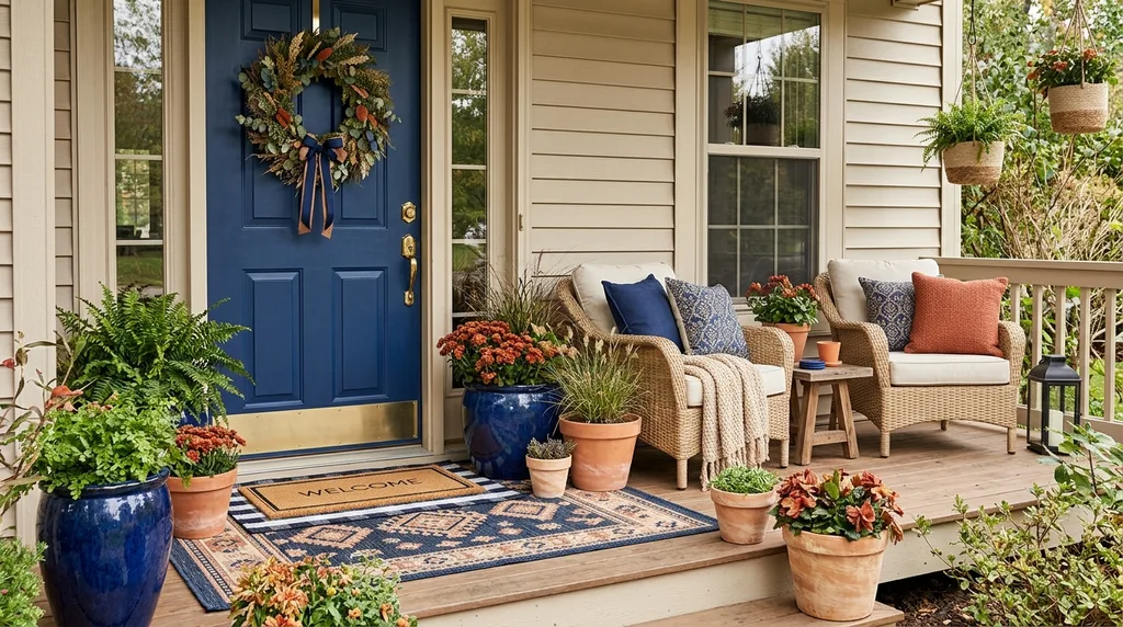 Easy Ways to Make Your Porch Feel Like Fall - A charming front porch featuring a blue front door with a fall wreath, layered doormats, wicker seating with neutral and rust-colored pillows, and a mix of potted greenery and seasonal flowers.