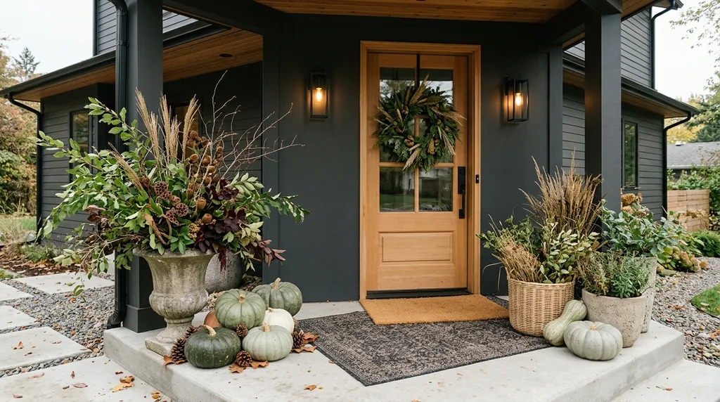 Easy Ways to Make Your Porch Feel Like Fall - A modern farmhouse entryway featuring a wooden front door, oversized planters filled with seasonal foliage, woven baskets, and a collection of muted green and cream pumpkins for an understated fall display.