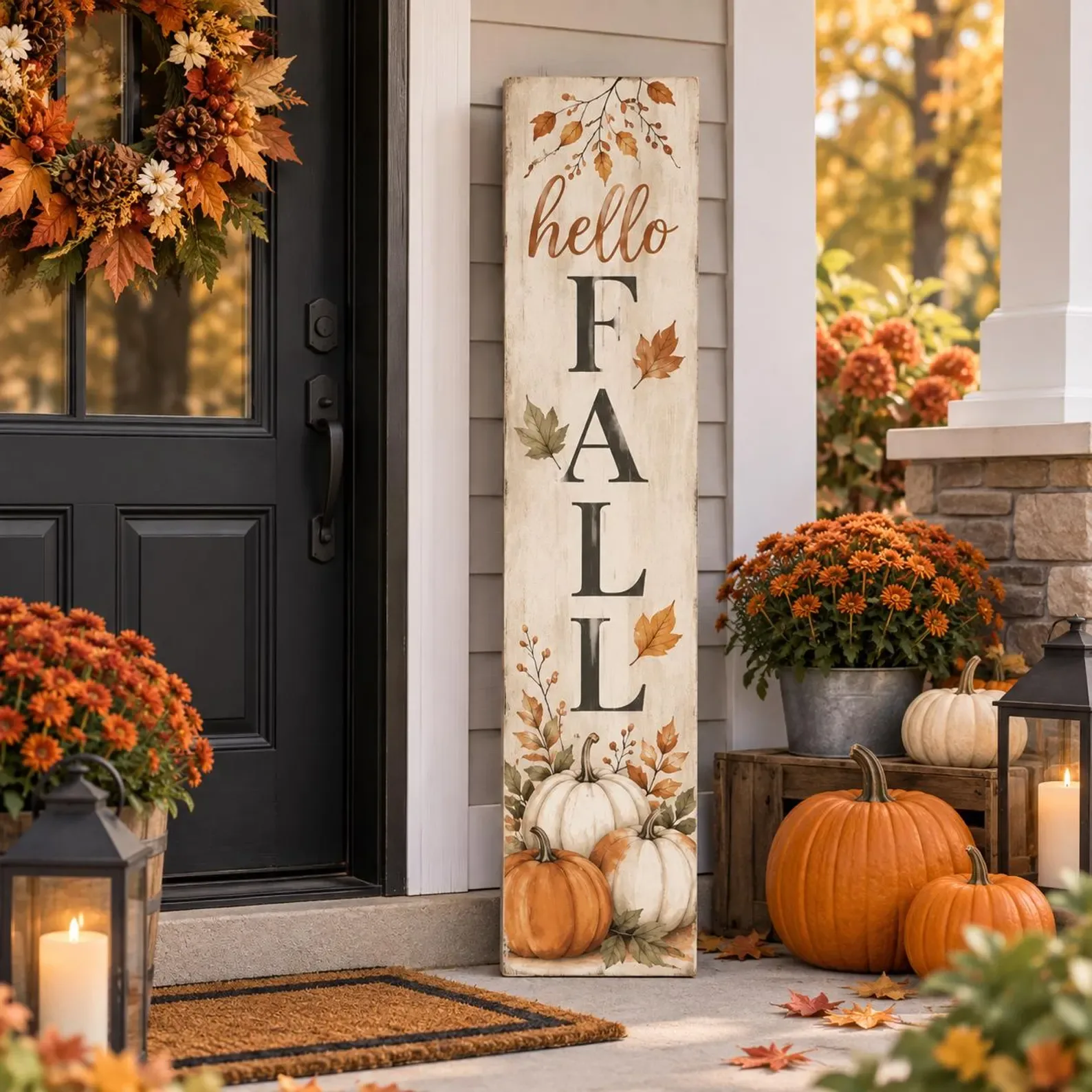 Easy Ways to Make Your Porch Feel Like Fall - Autumn front porch featuring a wooden Hello Fall sign, orange pumpkins, potted chrysanthemums, fall foliage, and a lantern beside a black front door.