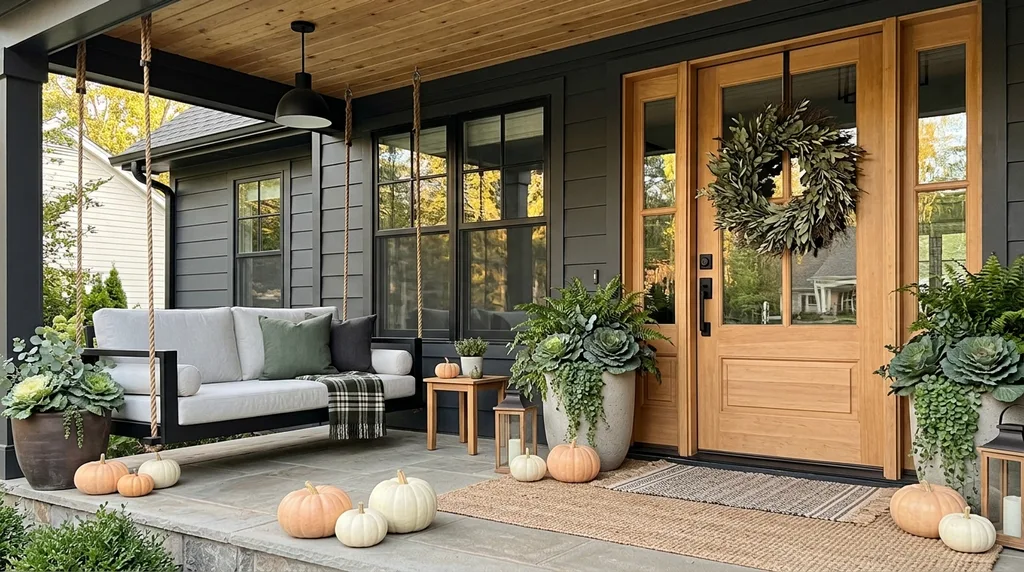 Easy Ways to Make Your Porch Feel Like Fall - Modern Farmhouse Porch with Fall Accents: A covered porch featuring a natural wood front door with a green wreath, neutral outdoor seating, lush potted plants, and cream and orange pumpkins arranged along the steps for a relaxed autumn look.