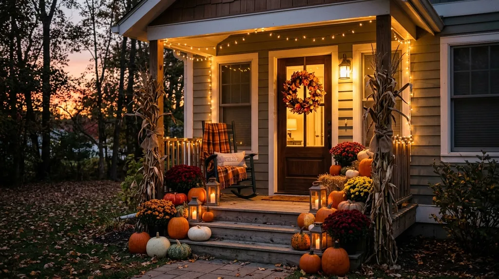 Easy Ways to Make Your Porch Feel Like Fall - Cozy autumn front porch

Cozy front porch decorated for fall with pumpkins, autumn wreaths, colorful mums, and warm string lights glowing at dusk.