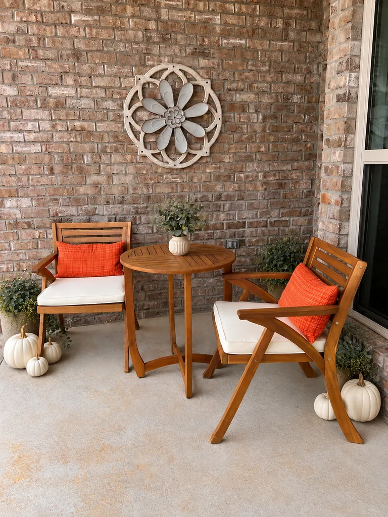 Easy Ways to Make Your Porch Feel Like Fall – A small brick-walled porch features wooden outdoor chairs with white cushions and orange pillows, a round wooden table, potted greenery, and white pumpkins arranged around the seating area for a simple autumn look.