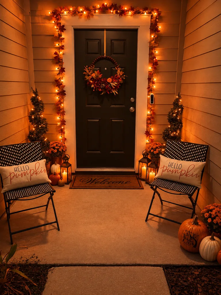 Easy Ways to Make Your Porch Feel Like Fall – A cozy front porch decorated for Halloween with warm orange string lights framing a black front door, a fall wreath, pumpkins, and black metal chairs with seasonal pillows.