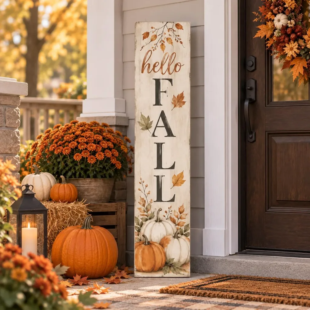 Easy Ways to Make Your Porch Feel Like Fall - Autumn front porch featuring a wooden Hello Fall sign, orange pumpkins, potted chrysanthemums, fall foliage, and a lantern beside a black front door.