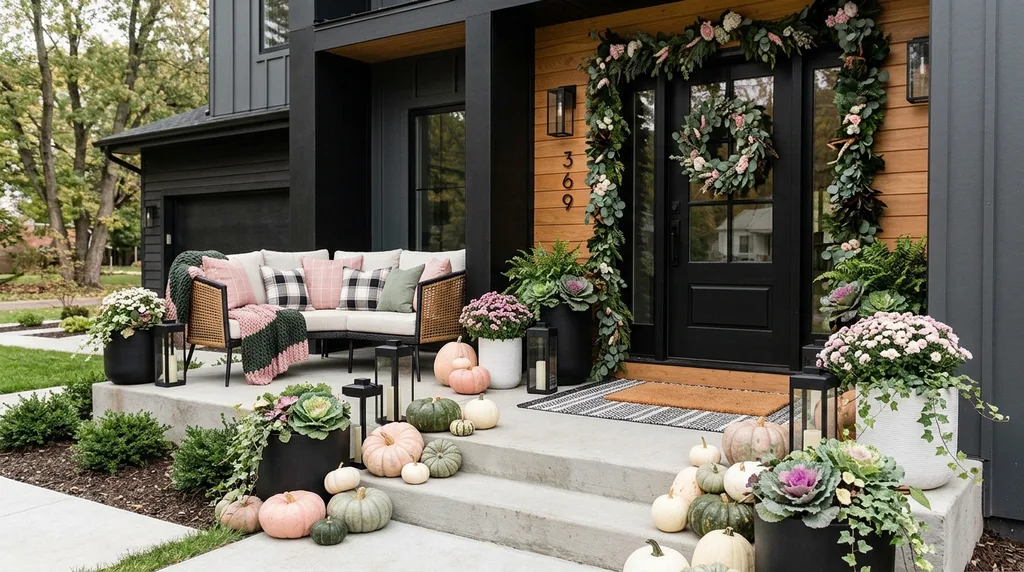 Easy Ways to Make Your Porch Feel Like Fall - Modern farmhouse porch with a black front door, floral wreath and greenery garland, pastel pumpkins, ornamental cabbage, potted chrysanthemums, and outdoor seating with pink plaid cushions.