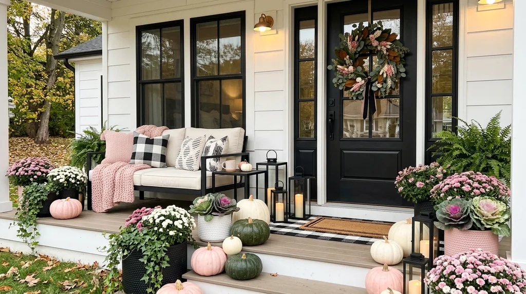 Easy Ways to Make Your Porch Feel Like Fall - Feminine Fall Autumn Porch Styling with pops of light pink, green, black, white and beige