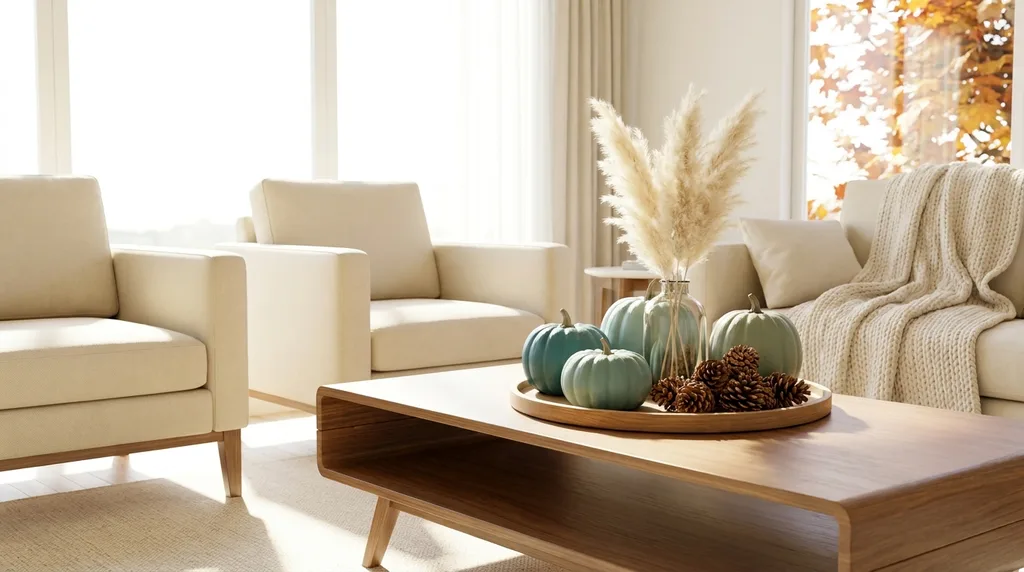 Refresh Your Living Room for Fall in 7 Easy Ways - small modern living room modern coffee table with bright, natural lighting with fall luxury decor , color scheme are cream white, with painted pumpkins of teal green and pampas grass with a tray of pinecones.