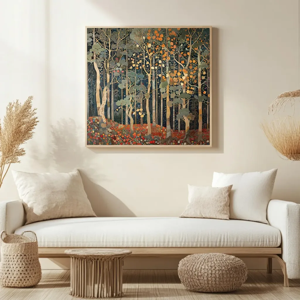 Refresh Your Living Room for Fall in 7 Easy Ways – A cozy cream sofa with neutral pillows sits beneath colorful autumn-inspired wall art, complemented by a woven coffee table, textured poufs, and natural accents for a warm, inviting living room.