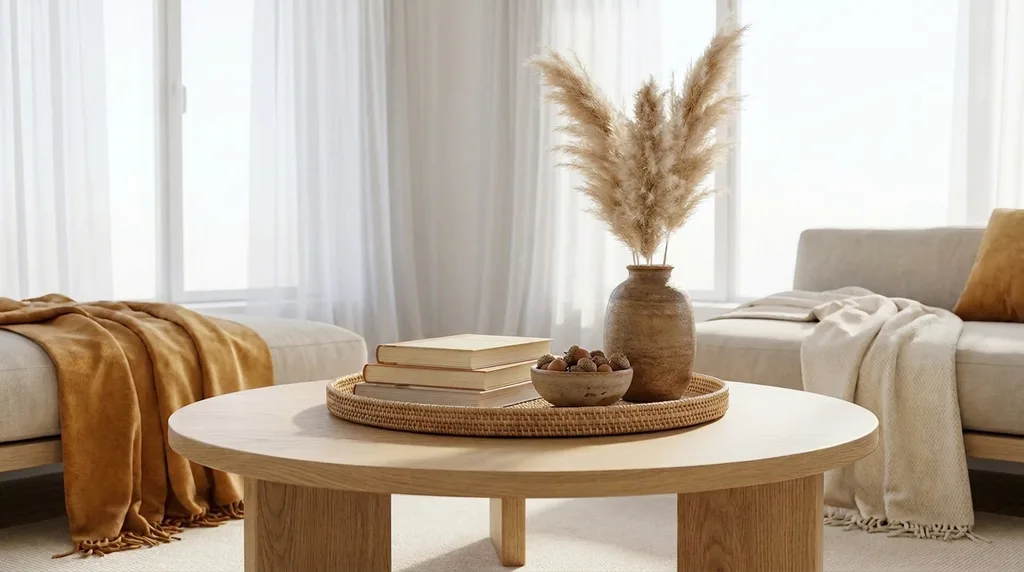Refresh Your Living Room for Fall in 7 Easy Ways – small modern living room modern coffee table with bright, natural lighting with fall luxury decor, white curtains, a tray, a stack of cream and light orange books, a small ceramic bowl, and one textured vase with pampas grass.