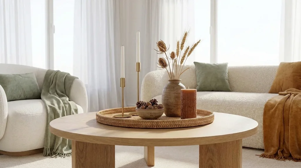 Refresh Your Living Room for Fall in 7 Easy Ways – small modern living room modern coffee table with bright, natural lighting with fall luxury decor, a tray with dried pine cones, a ceramic vase with a few dried stems, a brass candlestick, or a chunky textured candle in a warm color, color scheme white, cream, green, brown