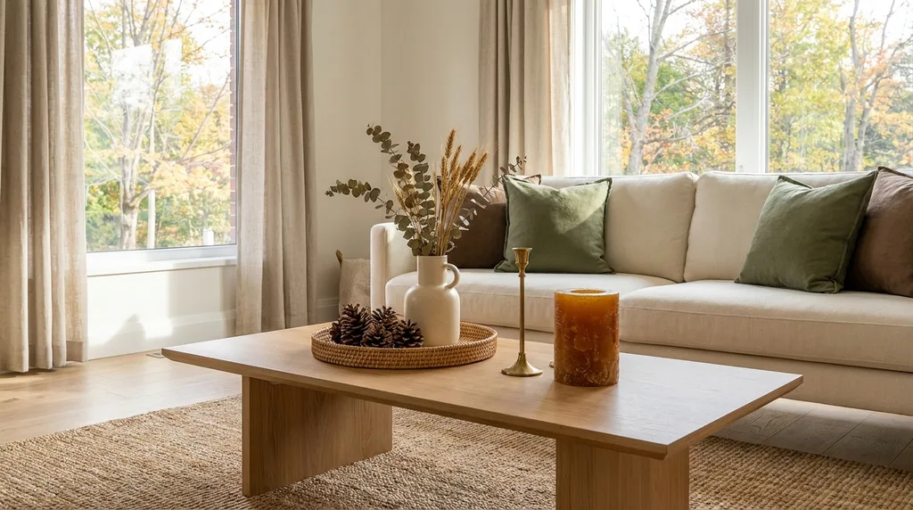Refresh Your Living Room for Fall in 7 Easy Ways – small modern living room modern coffee table with bright, natural lighting with fall luxury decor, a tray with dried pine cones, a ceramic vase with a few dried stems, a brass candlestick, or a chunky textured candle in a warm color, color scheme white, cream, green, brown