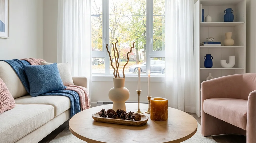 Refresh Your Living Room for Fall in 7 Easy Ways - small modern living room modern coffee table with bright, natural lighting with fall luxury decor, a tray with dried pine cones, a ceramic vase with a few dried stick stems, a brass candlestick with white candles, or a chunky textured candle in a warm color, color scheme white, cream, blue, pink