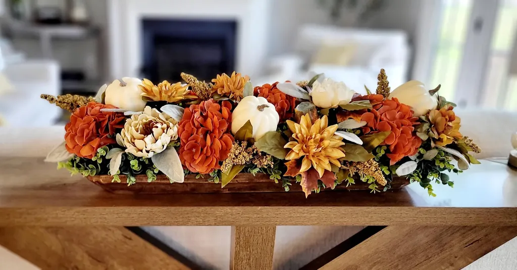 Refresh Your Living Room for Fall in 7 Easy Ways – A long wooden coffee table features a lush autumn centerpiece made with orange and cream flowers, dried foliage, and small white pumpkins for a colorful seasonal touch.