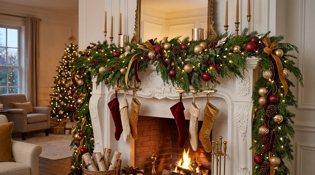 Beautiful Designer Christmas Decor Dupes You Can Buy or DIY - Elegant Christmas mantel with two lush green
garlands side by side,, natural lighting with warm white string lights, gold and red ornaments, cozy living room, soft evening light, luxury
holiday decor photography.