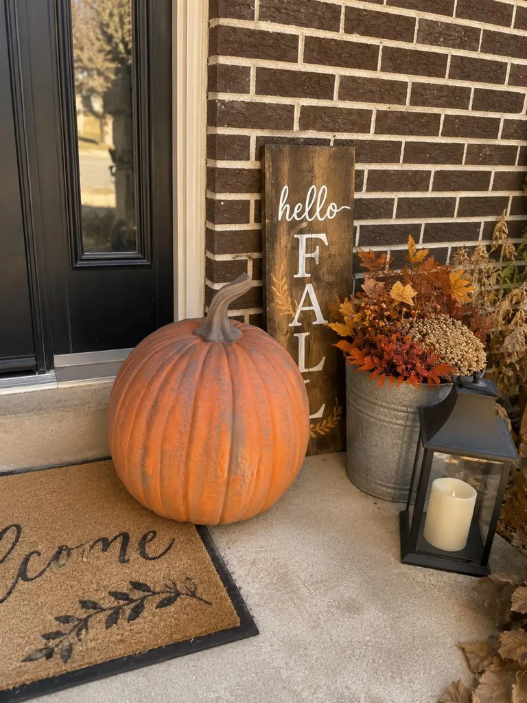 Easy Ways to Make Your Porch Feel Like Fall – A large orange pumpkin, a wooden “Hello Fall” sign, autumn foliage, dried flowers, and a black lantern create a cozy seasonal entryway beside a brick wall and black front door.