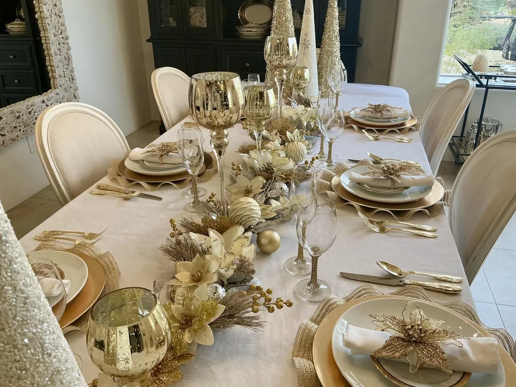 Beautiful Designer Christmas Decor Dupes You Can Buy or DIY – An elegant dining table features white plates, gold flatware, cream napkins, and gold decorative accents, creating a luxurious holiday tablescape with neutral tones and metallic details.
