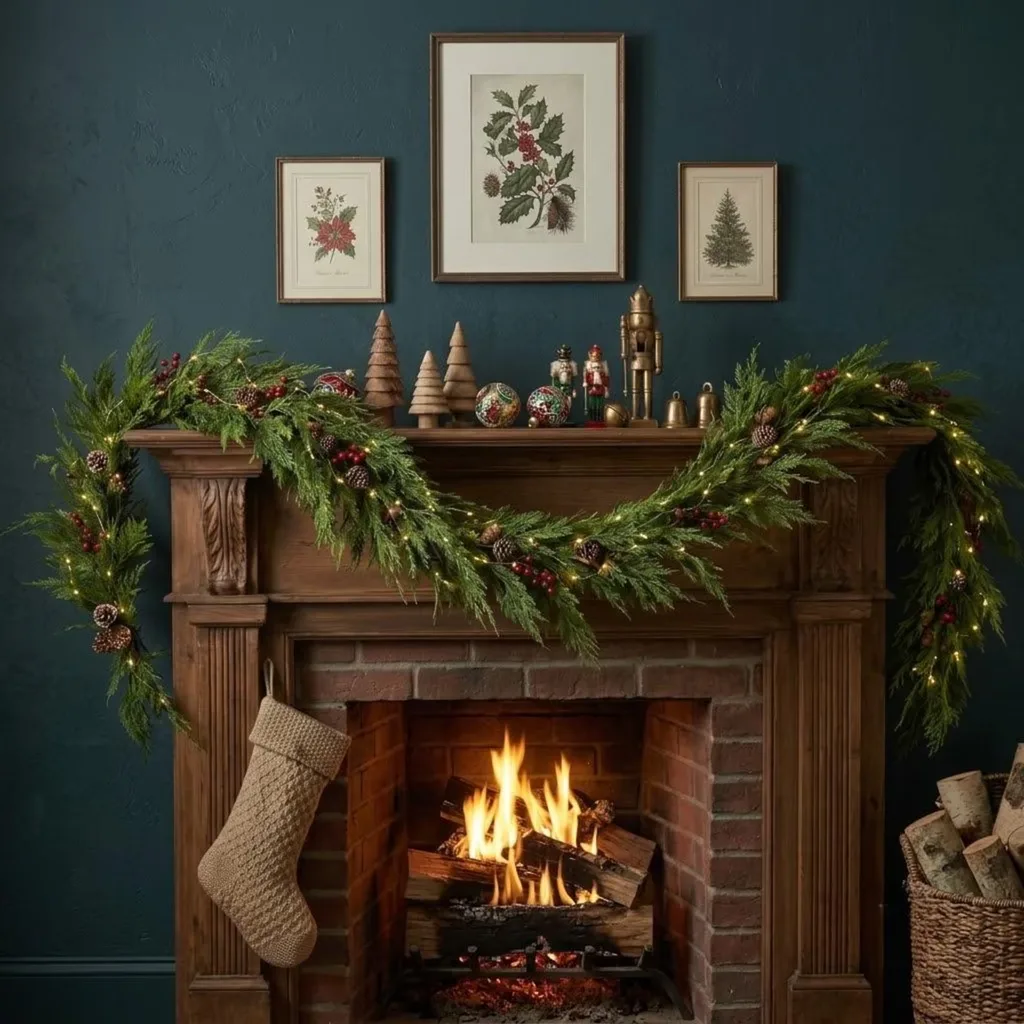 Beautiful Designer Christmas Decor Dupes You Can Buy or DIY – A fireplace mantel is framed with evergreen garland, cream flowers, gold ornaments, and warm white string lights, creating a festive focal point with an elegant designer-inspired look.